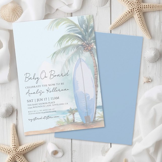 Convites Chuva de Bebê na Prancha de Surf na Praia (Baby On Board Summer Beach Baby Shower Invitation)