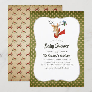 Convites Chuva de Bebê Natal Renas Vintage Retro
