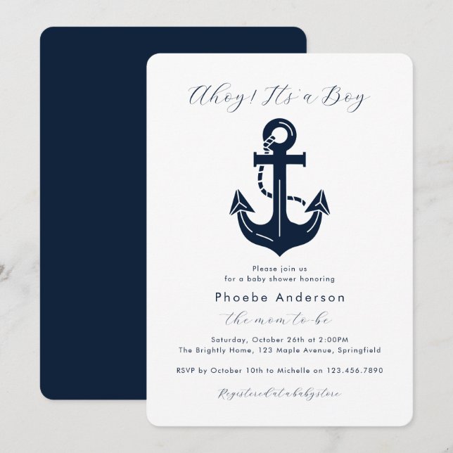 Convites Chuva de Bebê Náutica Moderna Azul Marinho Reverso (Frente/Verso)