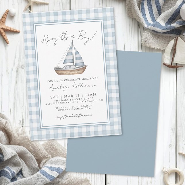 Convites Chuva de Bebê Náutico em Xadrez Azul (Blue Gingham Nautical Baby Shower Invitation)