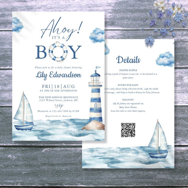 Convites Chuva de Bebê Náutico Menino - Tudo em Um (Ahoy Its A Boy Nautical Baby Shower All In One Invitation)