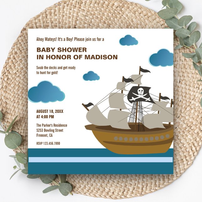 Convites Chuva de Bebê Navio Pirata Fofo (Criador carregado)