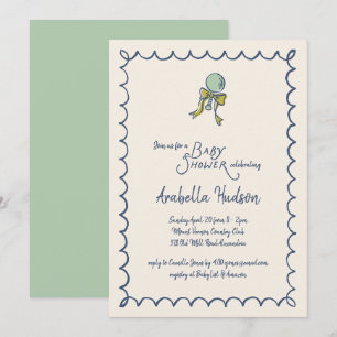 Convites Chuva de Bebê Navy e Mint Doodle Chocalho e Laço