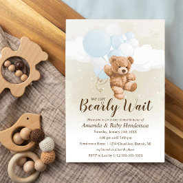Convites Chuva de Bebê Neutra Bearly Wait, Azul e Branco