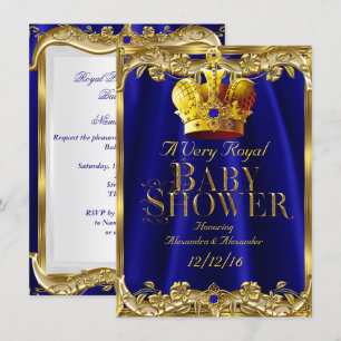 Convites Chuva de Bebê Neutra Coroa Azul Real Dourada