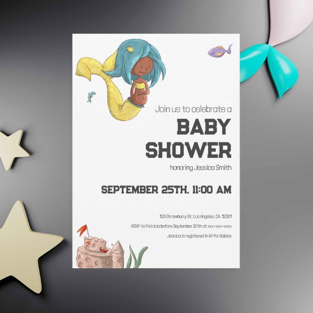Convites Chuva de Bebê Neutra de Sereia Preta Grávida Moder (Cute Black pregnant mermaid gender neutral baby shower in yellow and blue colors. Exclusive design.)