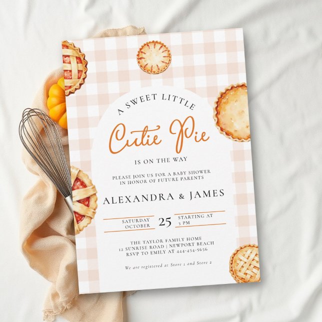 Convites Chuva de Bebê Neutra Gingham de Outono Cutie Pie (fall baby shower invitation cutie pie baking gingham watercolor terracotta autumn arch)