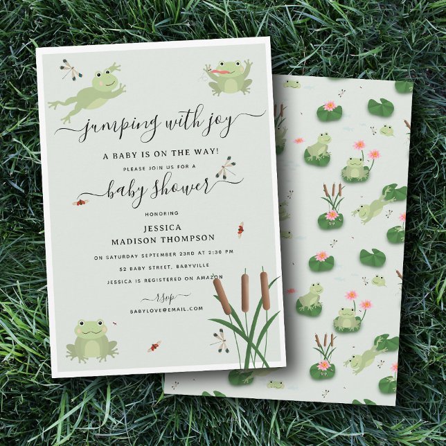 Convites Chuva de Bebê Neutro com Sapos Lindos em Lago de L (Cute Frogs Lily Pond Gender Neutral Baby Shower Invitation)