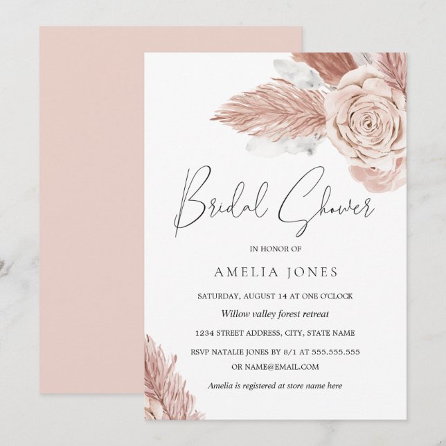 Convites Chuva de Bebê Nupcial Flores Boho Aquarela Rosa Co (Frente/Verso)