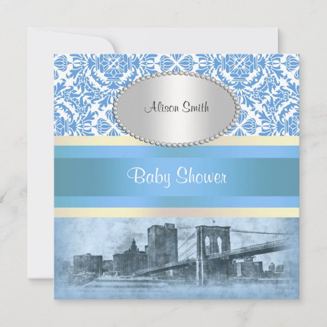Convites Chuva de Bebê NYC Skyline Brooklyn Bridge Boat 6 (Frente)