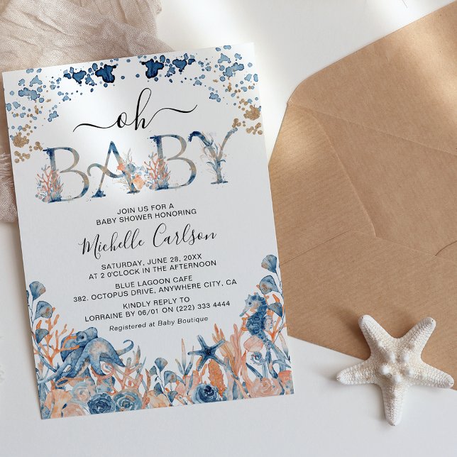 Convites Chuva de Bebê 'Oh Baby' Subaquática em Aquarela (Criador carregado)