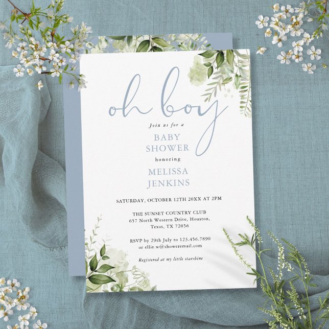 Convites Chuva de Bebê Oh Boy Azul Poeirento e Folhagens (Oh Boy Dusty Blue Greenery Baby Shower Invitation)