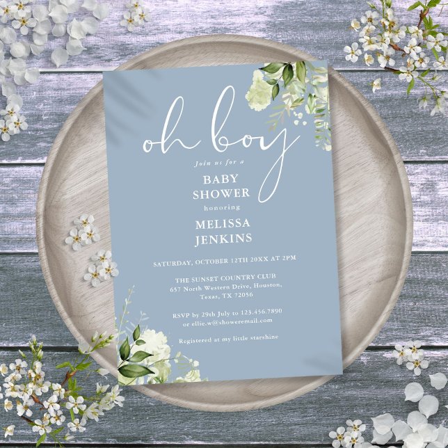 Convites Chuva de Bebê Oh Boy Verde Poeira Azul (Oh Boy Greenery Dusty Blue Baby Shower Invitation)