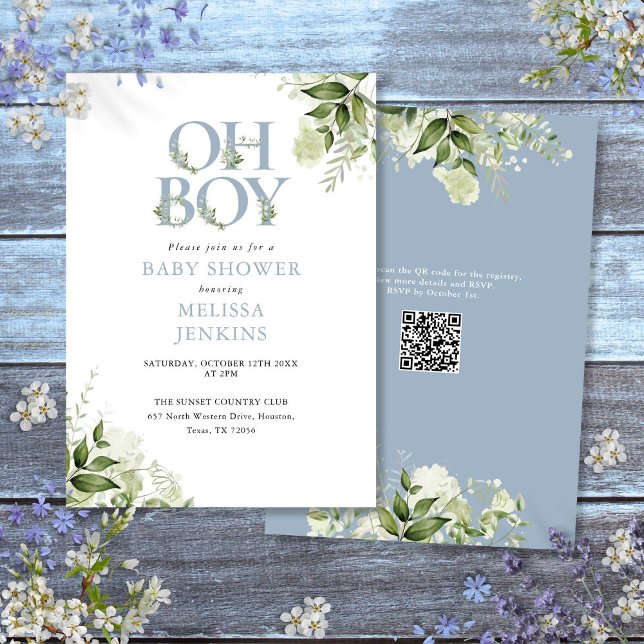 Convites Chuva De Bebê Oh Boy Verde Poeira Azul Código QR (Oh Boy Greenery Dusty Blue QR Code Baby Shower Invitation)