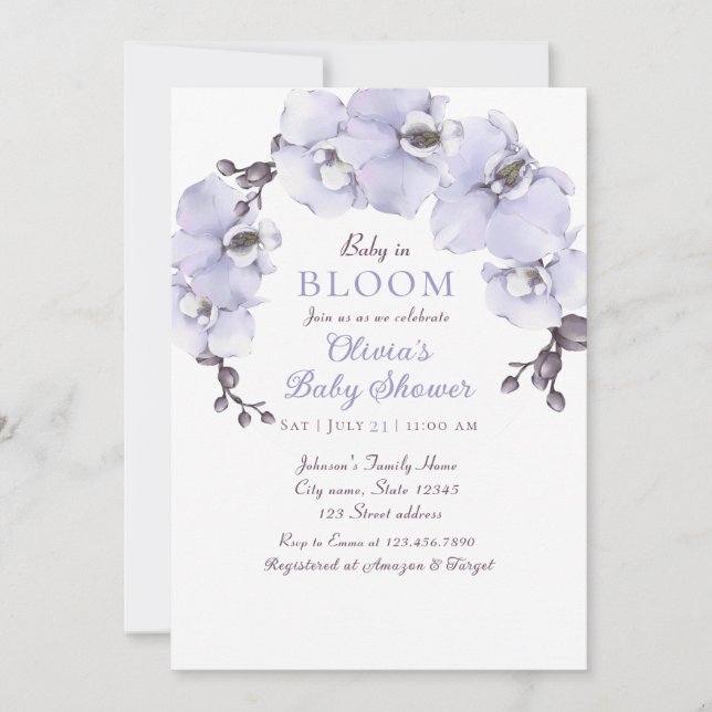 Convites Chuva de Bebê Orquídea Lavanda Elegante (Frente)