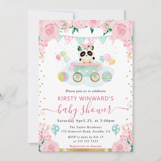 Convites Chuva de Bebê Panda Flores Rosa Aquarela (Frente)