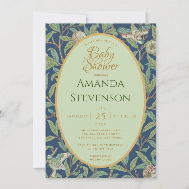 Convites Chuva de Bebê Pássaros Romã Folhas Verdes Morris (Frente)