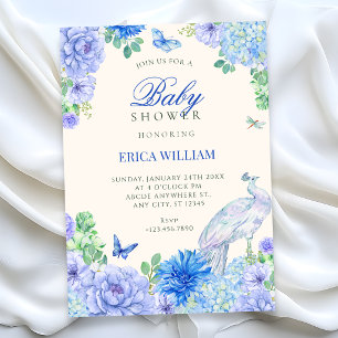Convites Chuva de bebê pavão floral em aquarela azul