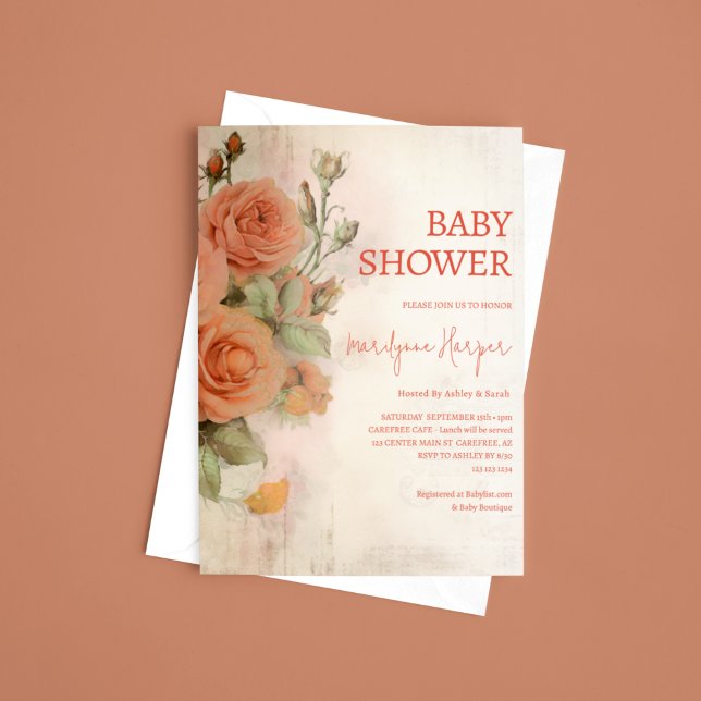 Convites Chuva de Bebê Peach Apricot Vintage Roses (Criador carregado)