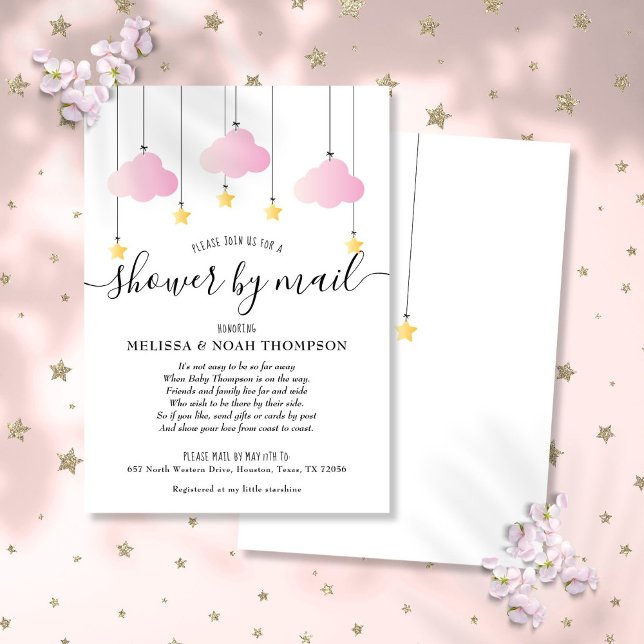 Convites Chuva de Bebê pelo Correio Menina Bebê Rosa à Dist (Shower By Mail Long Distance Baby Girl Pink Invitation)