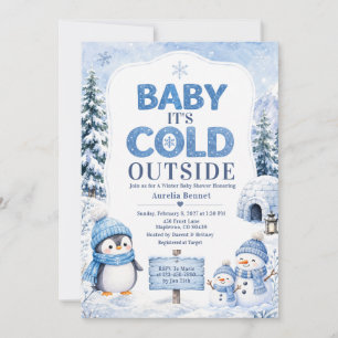 Convites Chuva de Bebê Pengim Boneco de Neve Azul de Invern