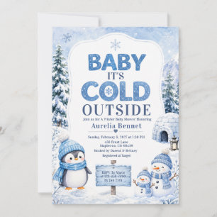Convites Chuva de Bebê Penguim Boneco de Neve Azul de Inver