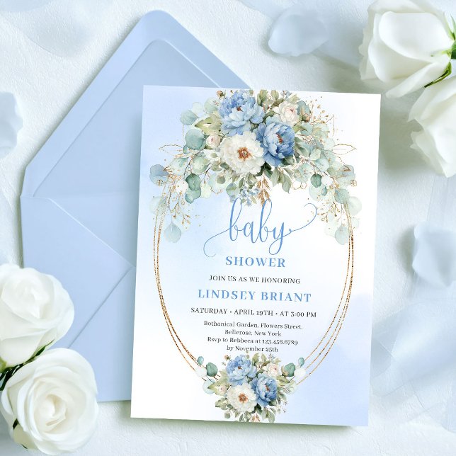 Convites Chuva de Bebê Peônias Clássicas Azul Claro Eucalip (Classic Light Blue Peonies Eucalyptus Baby Shower

)