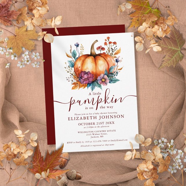 Convites Chuva de Bebê Pequena Abóbora Rústica de Borgonha (Burgundy Rustic Fall Little Pumpkin Baby Shower Invitation)
