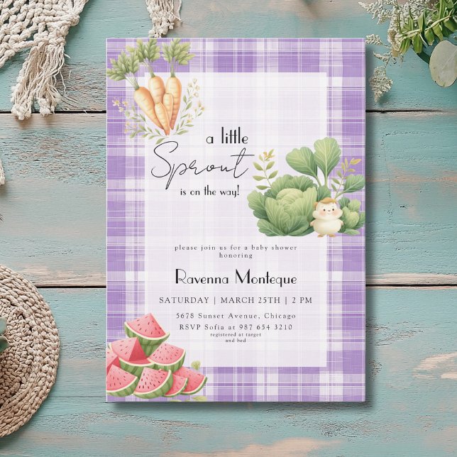 Convites Chuva de Bebê Pequeno Broto Gingham Roxo (Criador carregado)