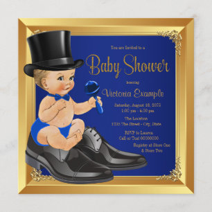 Convites Chuva de Bebê Pequeno Homem Azul Real Dourado