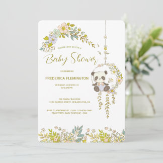 Convites Chuva de Bebê Pequeno Panda em Balanço de Flores