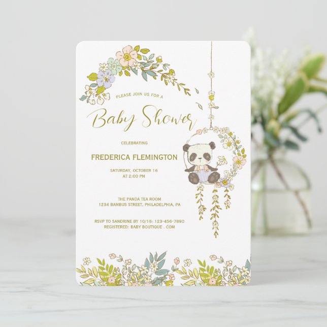Convites Chuva de Bebê Pequeno Panda em Balanço de Flores (Em pé/Frente)