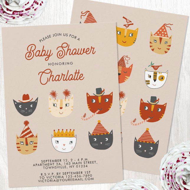 Convites Chuva de Bebê Personalizada Gatinho Divertido (Personalized cute kitty cat gendern neutral boy or girl baby shower invitation)