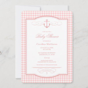 Convites Chuva de Bebê Petal Pink Gingham Preppy Costeira