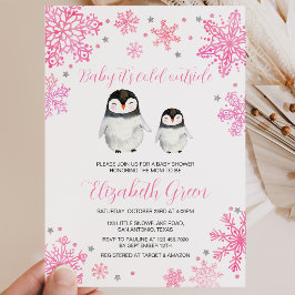 Convites Chuva de Bebê Pinguim de Inverno Rosa