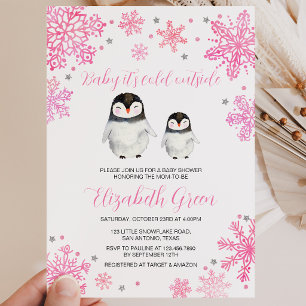 Convites Chuva de Bebê Pinguim de Inverno Rosa