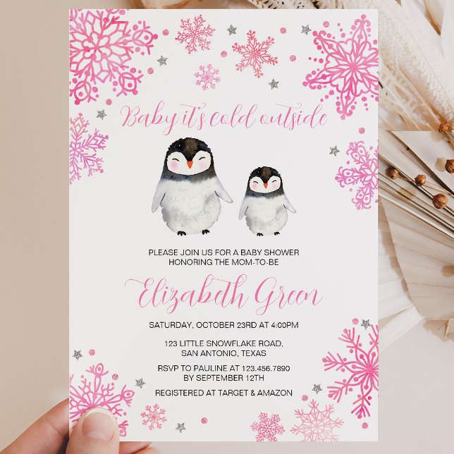 Convites Chuva de Bebê Pinguim de Inverno Rosa (Criador carregado)