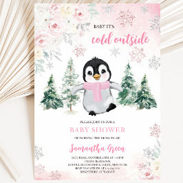 Convites Chuva de Bebê Pinguim de Inverno Rosa