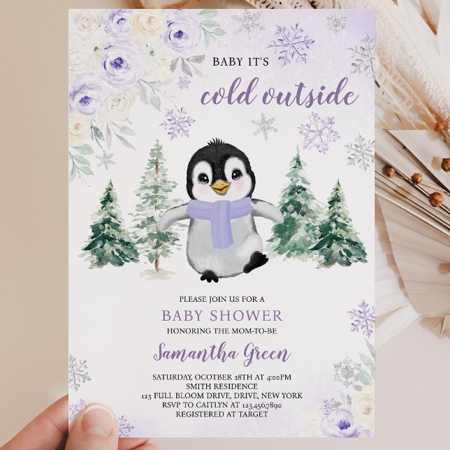 Convites Chuva de Bebê Pinguim de Inverno Roxo (Criador carregado)
