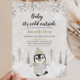 Convites Chuva de Bebê Pinguim Prata e Dourado