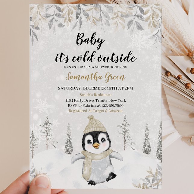Convites Chuva de Bebê Pinguim Prata e Dourado (Criador carregado)