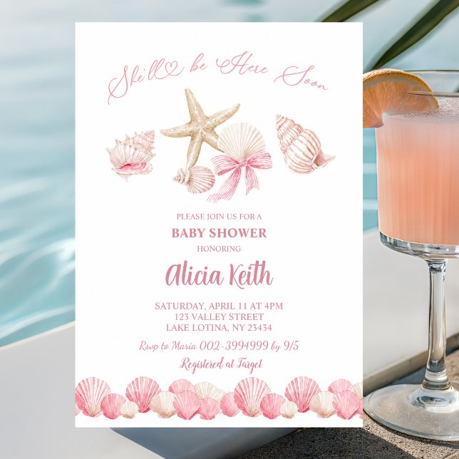 Convites Chuva de bebê Pink Boho Costeira Ela estará aqui e (Criador carregado)