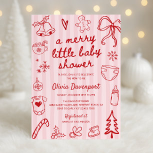 Convites Chuva de Bebê Pink Red Christmas Doodle Merry Litt