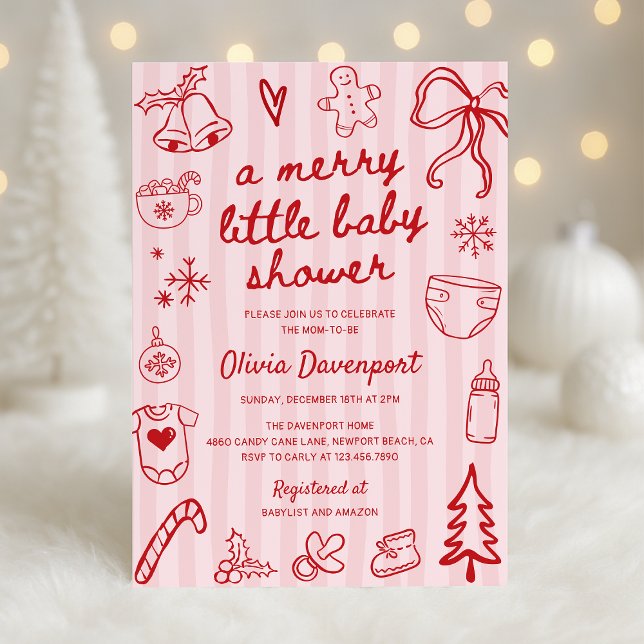 Convites Chuva de Bebê Pink Red Christmas Doodle Merry Litt (Criador carregado)