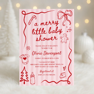 Convites Chuva de Bebê Pink Red Christmas Doodle Merry Litt