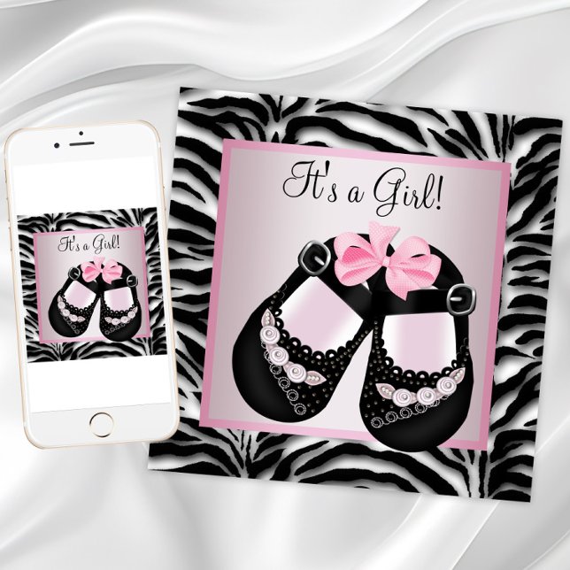 Convites Chuva de Bebê Pink Zebra Bebê Menina Sapatos Preto (Girl zebra baby shower invitations with shoes. Instant download and printed invitations available.)