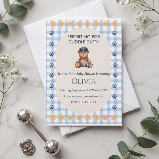 Convites Chuva de Bebê Policial: Apresentando-se para o Dev (Reporting for Cuddle Duty Police Baby Shower Invitation)