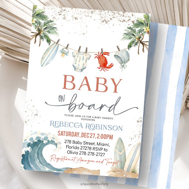 Convites Chuva de Bebê Praia de Surf (baby on board invitation, surf baby shower, beach baby shower, surfing baby shower, summer baby show)