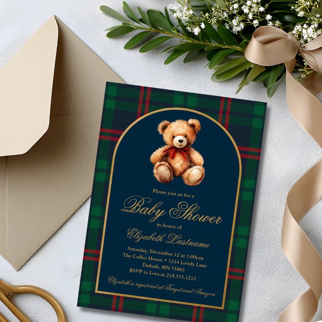 Convites Chuva de Bebê Préppy de Ursinho Teddy Clássico em  (Classic Teddy Bear Navy Plaid Preppy Baby Shower Invitation)