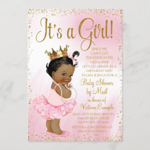 Convites Chuva de Bebê Princesa Africana Rosa Dourado Tutu